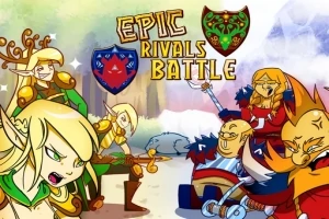 Bir grup fantastik karakterin karşı karşıya geldiği çizgi film tarzı bir savaş sahnesi; zırhlı elfler ve Viking benzeri savaşçılar