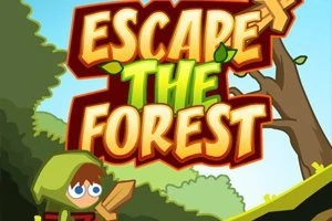 Yeşil kapüşonlu bir çocuk, elinde kılıçla ormanda duruyor, arka planda Escape the Forest yazısı bulunuyor