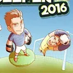 Çizgi stilinde futbol oyuncuları ve kaleci, futbol sahasında hareketli bir şekilde resmedilmiş