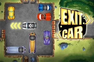 Çevresi yeşilliklerle ve taşlarla çevrili bir alanda, çeşitli renklerde arabaların park edildiği bir alan ve büyük EXIT CAR yazısı