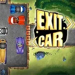 Çevresi yeşilliklerle ve taşlarla çevrili bir alanda, çeşitli renklerde arabaların park edildiği bir alan ve büyük EXIT CAR yazısı