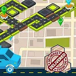 Mavi bir kamyon, üzerinde yol blokları ve renkli konum işaretleri bulunan bir haritanın yanında, delivered damgası ile birlikte görünüyor