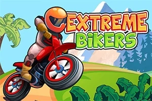 Kırmızı motosiklet üzerinde ormanlık bir alanda zıplama yapan turuncu kasklı bir motorcu ve Extreme Bikers yazısı