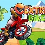 Kırmızı motosiklet üzerinde ormanlık bir alanda zıplama yapan turuncu kasklı bir motorcu ve Extreme Bikers yazısı