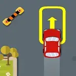 Kırmızı bir araba, sarı bir ok işaretiyle çevrelenmiş, asfalt bir yol üzerinde park ederken, çevresinde ağaçlar ve trafik hız tümsekleri bulunmaktadır