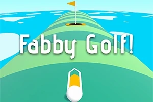 Yeşil bir parkurda beyaz bir top ve sarı bayrak delikli bir alanda, üzerinde Fabby Golf!