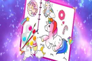 Parlak arka plan üzerinde açık bir defterde, çeşitli renkli unicorn ve gökkuşağı çizimlerinin yer aldığı bir sanat sahnesi