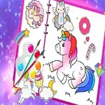 Parlak arka plan üzerinde açık bir defterde, çeşitli renkli unicorn ve gökkuşağı çizimlerinin yer aldığı bir sanat sahnesi