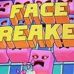 Büyük, sarı FACE BREAKER yazısının arka planında pembe ve mor küpler üzerinde öfkeli yüz ifadeleri
