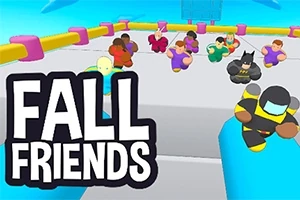 Renkli ve yuvarlak karakterlerin bir platform üzerinde yarıştığı, Fall Friends yazısının yer aldığı sahne