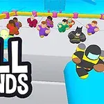 Renkli ve yuvarlak karakterlerin bir platform üzerinde yarıştığı, Fall Friends yazısının yer aldığı sahne