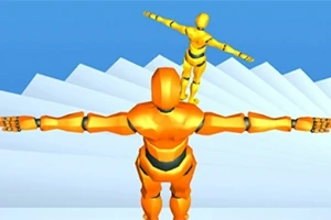 İki turuncu robot, kollarını yana açmış şekilde beyaz merdivenlerde duruyor