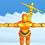 İki turuncu robot, kollarını yana açmış şekilde beyaz merdivenlerde duruyor