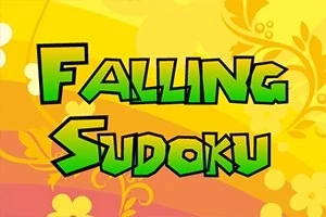 Sarı ve turuncu tonlarında çiçek desenli arka plan üzerinde yeşil renkli büyük harflerle Falling Sudoku yazısı