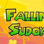 Sarı ve turuncu tonlarında çiçek desenli arka plan üzerinde yeşil renkli büyük harflerle Falling Sudoku yazısı