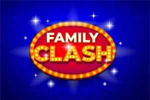 Kırmızı ve mavi arka plan üzerinde, ışıklı çerçeve içinde Family Clash yazısı