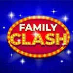 Kırmızı ve mavi arka plan üzerinde, ışıklı çerçeve içinde Family Clash yazısı