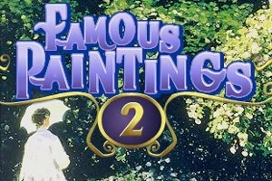 Beyaz elbiseli ve şemsiye tutan bir kadın, çiçeklerle dolu bir bahçede yürürken Famous Paintings 2 yazısı üst kısımda yer alıyor