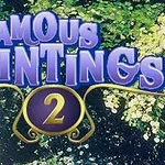 Beyaz elbiseli ve şemsiye tutan bir kadın, çiçeklerle dolu bir bahçede yürürken Famous Paintings 2 yazısı üst kısımda yer alıyor