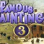 Karla kaplı bir sokakta yürüyen insanların ve üzerinde Famous Paintings 3 yazılı mor ve altın renkli başlığın bulunduğu bir görüntü