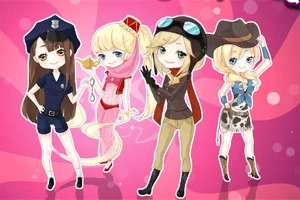 Dört farklı kostüm giymiş anime tarzında karakterler pembe bir arka plan önünde duruyor