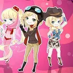 Dört farklı kostüm giymiş anime tarzında karakterler pembe bir arka plan önünde duruyor