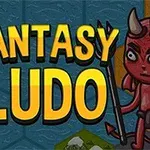 Fantasy Ludo yazısı, bir yanda kalkanlı ve kılıçlı bir savaşçı figürü, diğer yanda boynuzlu kırmızı bir karakter ile birlikte