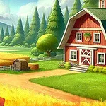 Kırmızı bir ahırın yanında buğday tarlası ve çitlerin bulunduğu pastoral bir kırsal manzara