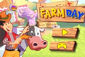 Çizgi karakterli bir çiftlik ortamında cowboy şapkalı adam ve inek, tahta bir levhada Farm Day yazısı