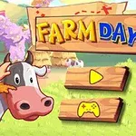Çizgi karakterli bir çiftlik ortamında cowboy şapkalı adam ve inek, tahta bir levhada Farm Day yazısı