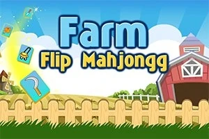 Çitlerle çevrili bir çiftlikte, kırmızı bir ahır ve yukarıda Farm Flip Mahjongg yazısı