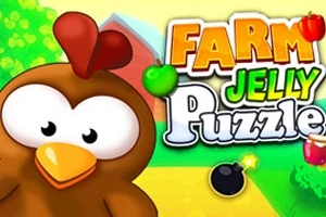 Çizgi film tarzında bir tavuk, renkli bir çiftlik ortamında, Farm Jelly Puzzle yazısının yanında yer alıyor