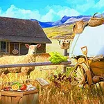 Kırsal bir alanda, saman balyaları, ahşap bir ev, bir koyun, sebze ve meyve kutularıyla çevrili bir sahne
