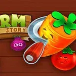 Ahşap arka plan üzerinde gülümseyen havuç, soğan ve domates figürleri; Farm Puzzle Story yazısı