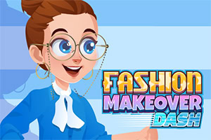 Gözlüklü, topuz saçlı ve mavi ceketli kadın illüstrasyonu yanında Fashion Makeover Dash yazısı