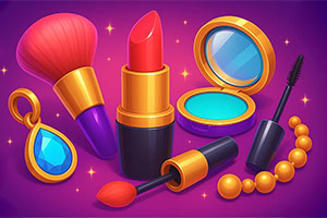 Mor arka plan üzerinde ruj, makyaj fırçası, pudra kutusu, rimel, kolye ve boncuklardan oluşan kozmetik ürünleri