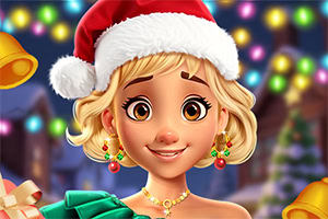 Noel Baba şapkalı, yılbaşı ışıkları ve hediyeler önünde gülümseyen sarışın kadın
