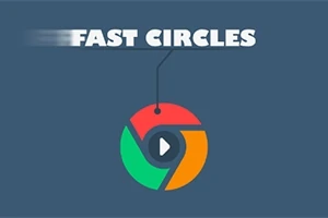 Mavi arka plan üzerinde FAST CIRCLES metni ve ortasında oynat butonu olan, renkli üç parçalı daire