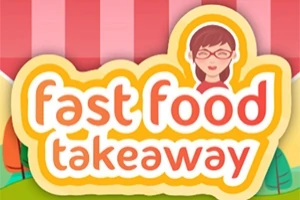 Fast food temalı bir tasarıma sahip olan görselde, gözlüklü bir figür ve fast food takeaway yazısı bulunuyor
