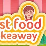 Fast food temalı bir tasarıma sahip olan görselde, gözlüklü bir figür ve fast food takeaway yazısı bulunuyor