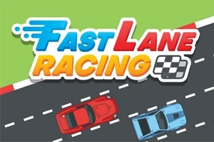 Yarış pistinde hızla ilerleyen kırmızı ve mavi arabalar, üstte Fast Lane Racing yazısı