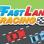 Yarış pistinde hızla ilerleyen kırmızı ve mavi arabalar, üstte Fast Lane Racing yazısı
