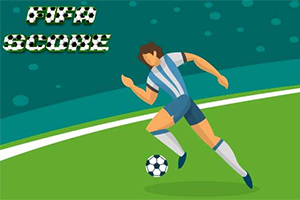 Yeşil sahada mavi-beyaz çizgili forma giymiş bir futbolcu top sürüyor