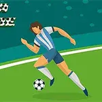 Yeşil sahada mavi-beyaz çizgili forma giymiş bir futbolcu top sürüyor