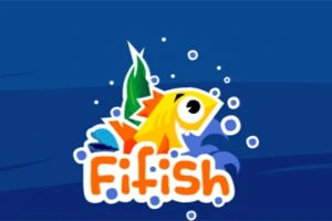 Mavi arka planda, etrafında hava baloncukları bulunan renkli bir balık ve altında Fifish yazısı
