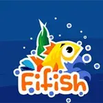 Mavi arka planda, etrafında hava baloncukları bulunan renkli bir balık ve altında Fifish yazısı