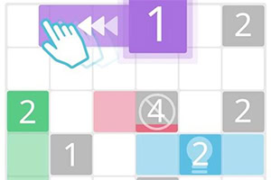 Renkli kareler ve sayılar içeren, tekrar oynatma simgesine işaret eden bir el ikonunun bulunduğu grid tabanlı oyun ekranı