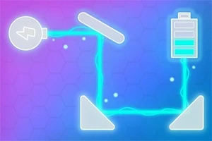 Ampul ve pil sembollerini bağlayan mavi elektrik akımı ile neon tarzı bir devre düzeni