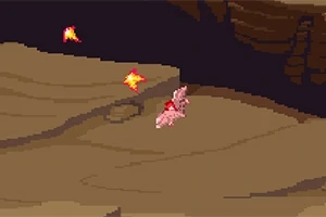 Pixel art tarzında bir mağara içinde küçük kırmızı bir ejderha ve etrafında ateş topu benzeri nesneler