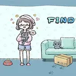 Bir kadın pijama giyiyor ve elinde bir kedi tutuyor; arka planda bir kanepe, yastık, kutu ve kedi mama kabı var
